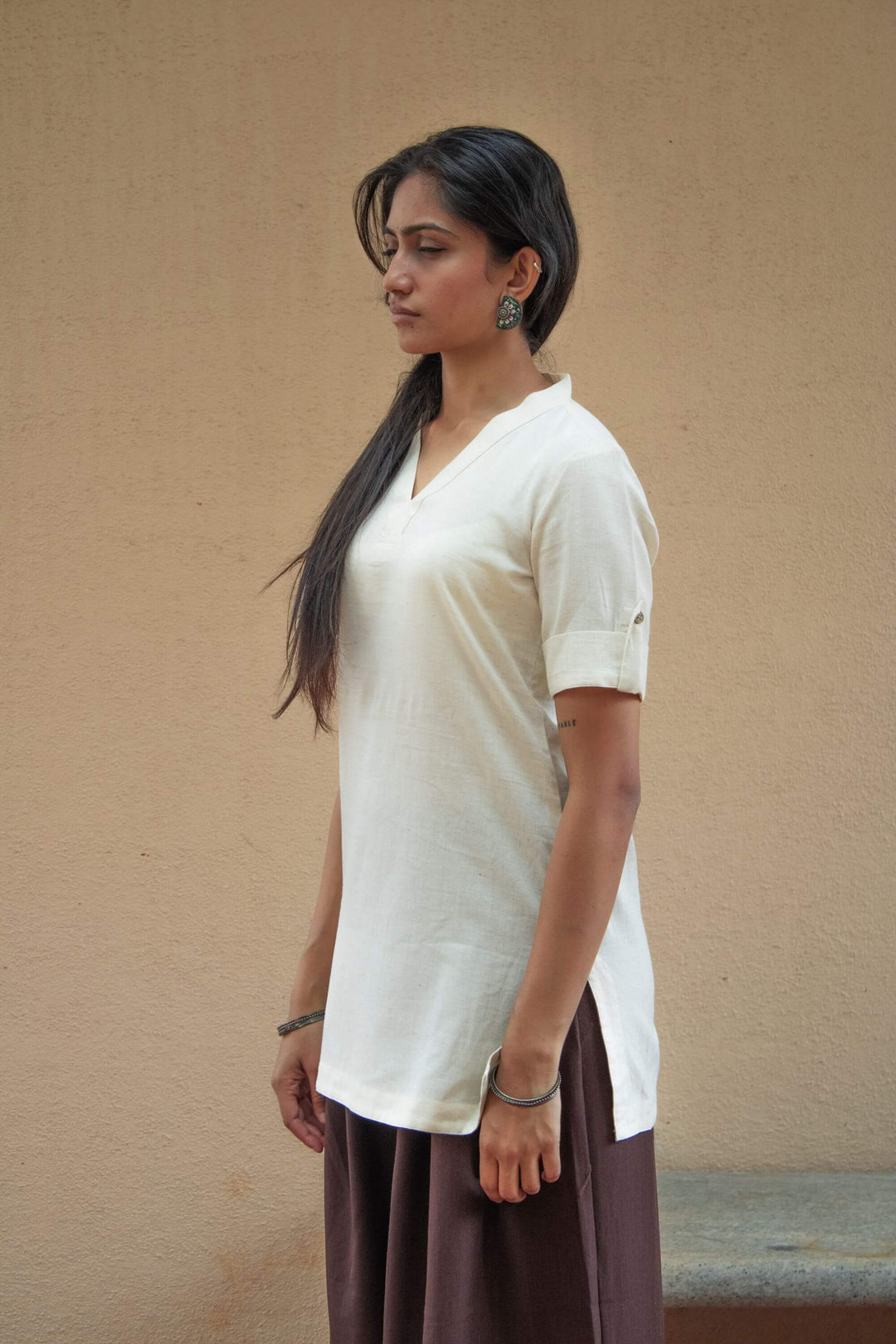 The Essentials Cream Short Kurti Side View