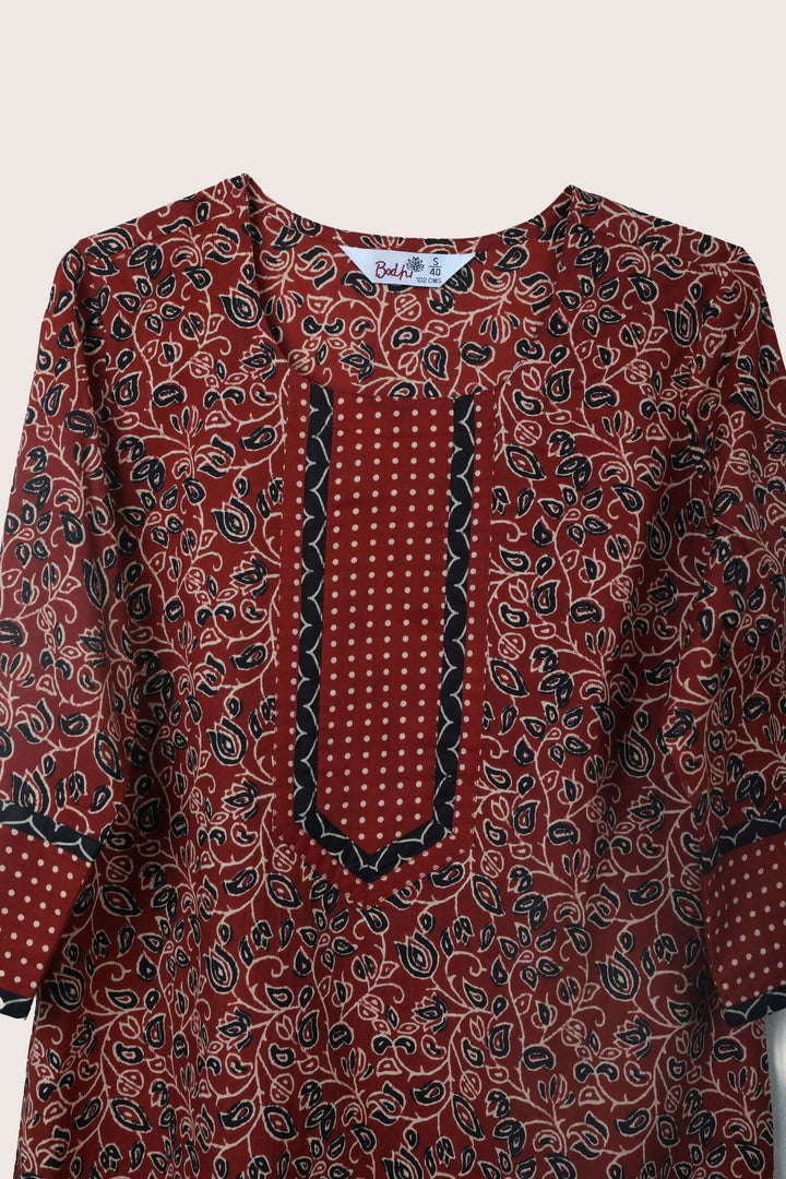 Vine red short kurti flat lay neck detail