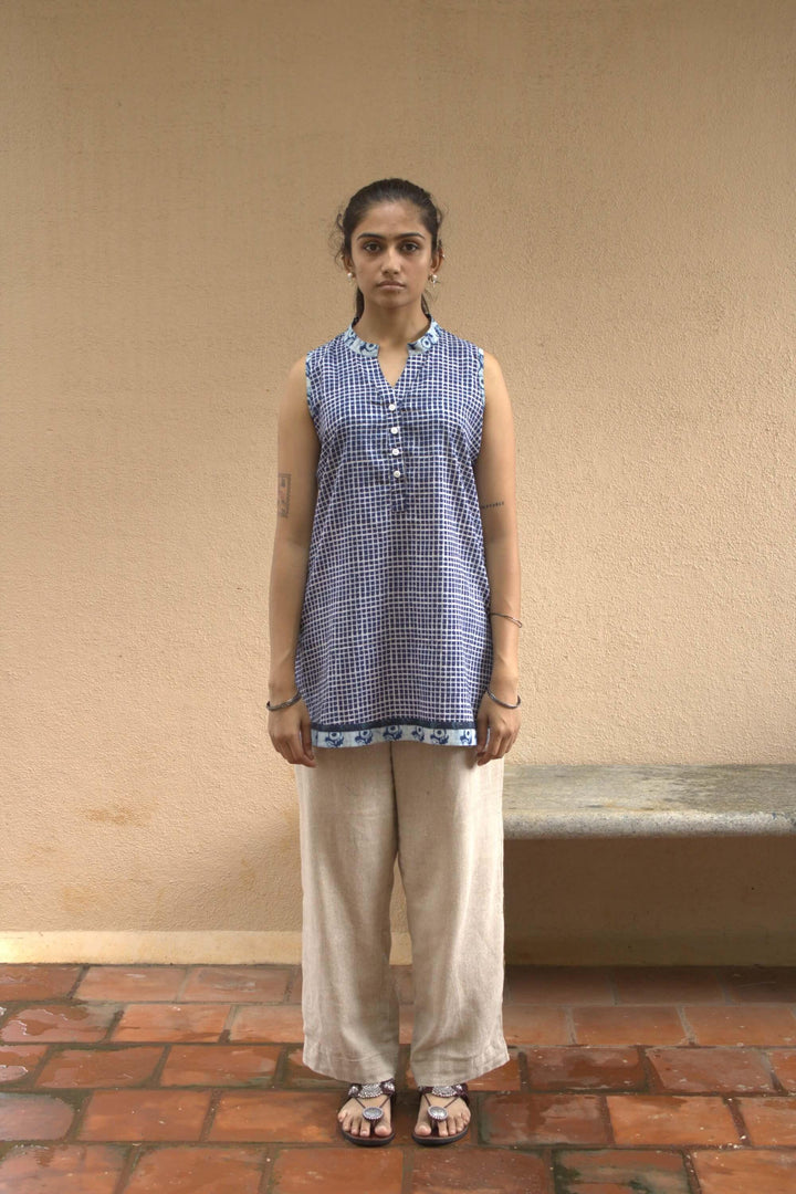 Fine Checked Indigo Kurti