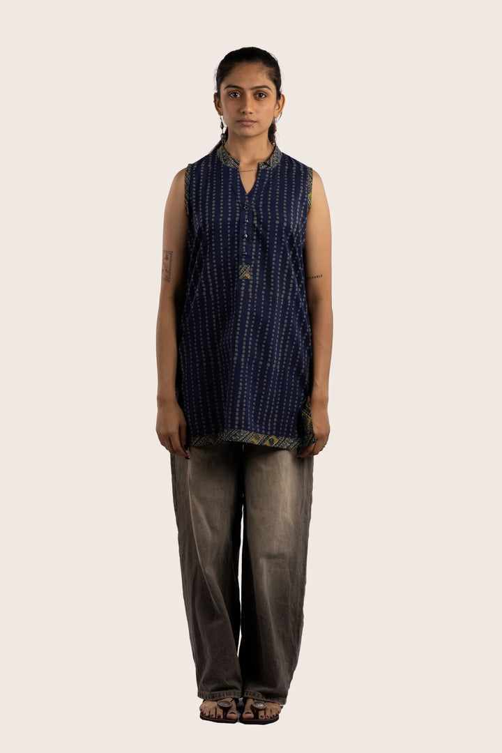 Indigo Polka Sleeveless Short Kurti