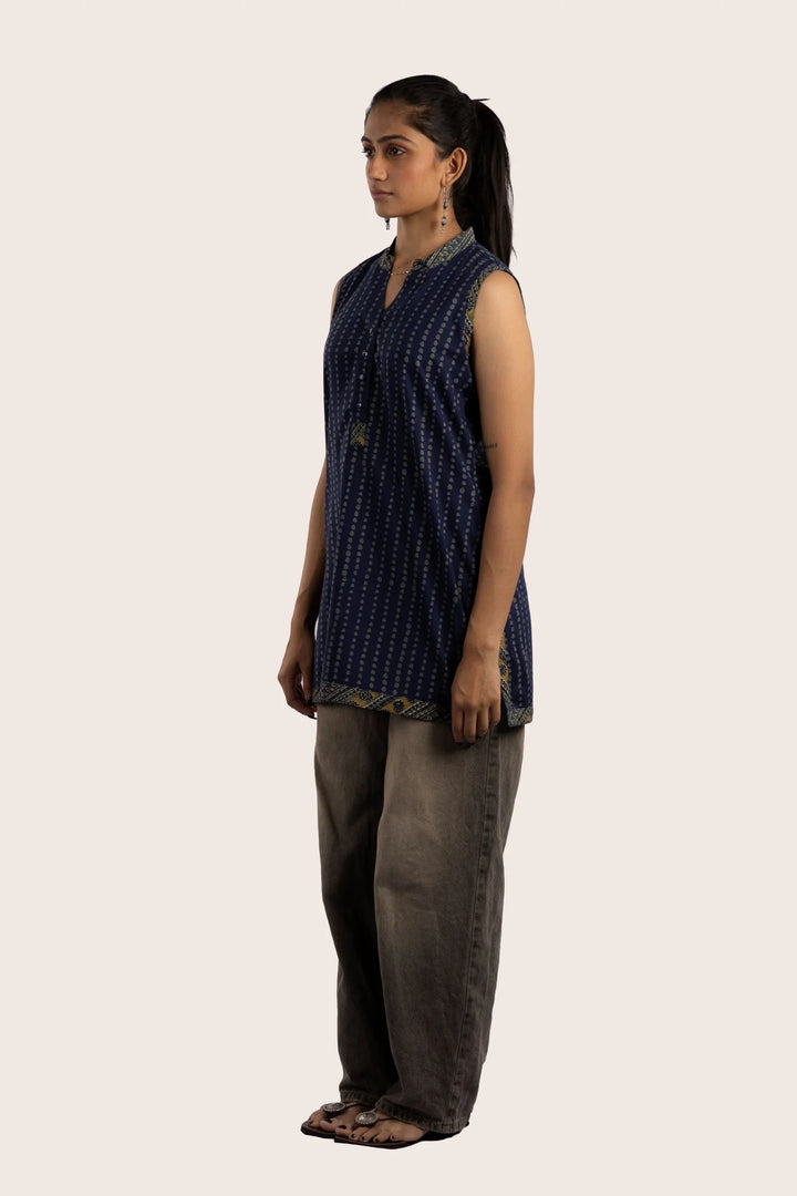 Indigo Polka Sleeveless Short Kurti