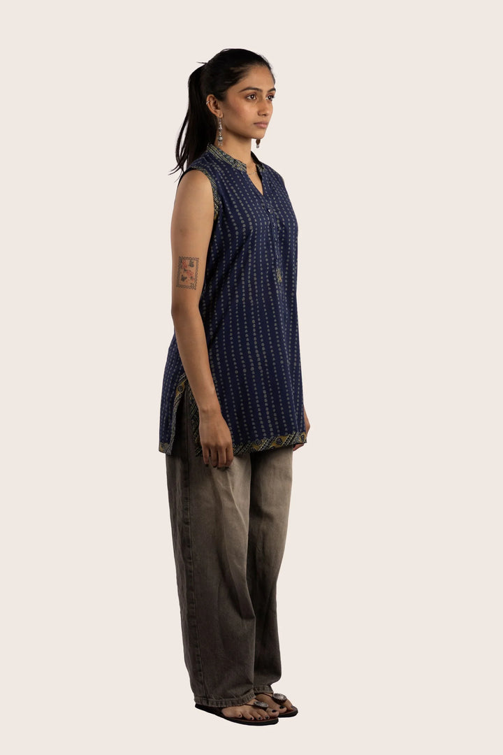 Indigo Polka Sleeveless Short Kurti